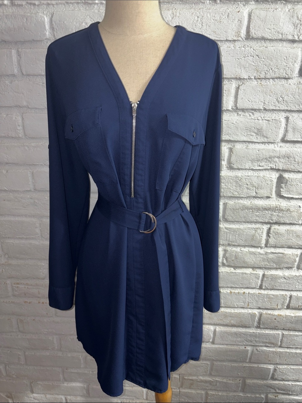 Express Navy Belted Zip-Front Shirt Dress - Women Size M